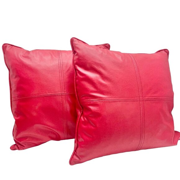 Set of 2 Faux Red Leather Decorative Feather and Down Fill Throw Pillow 18x18 - Picture 1 of 5